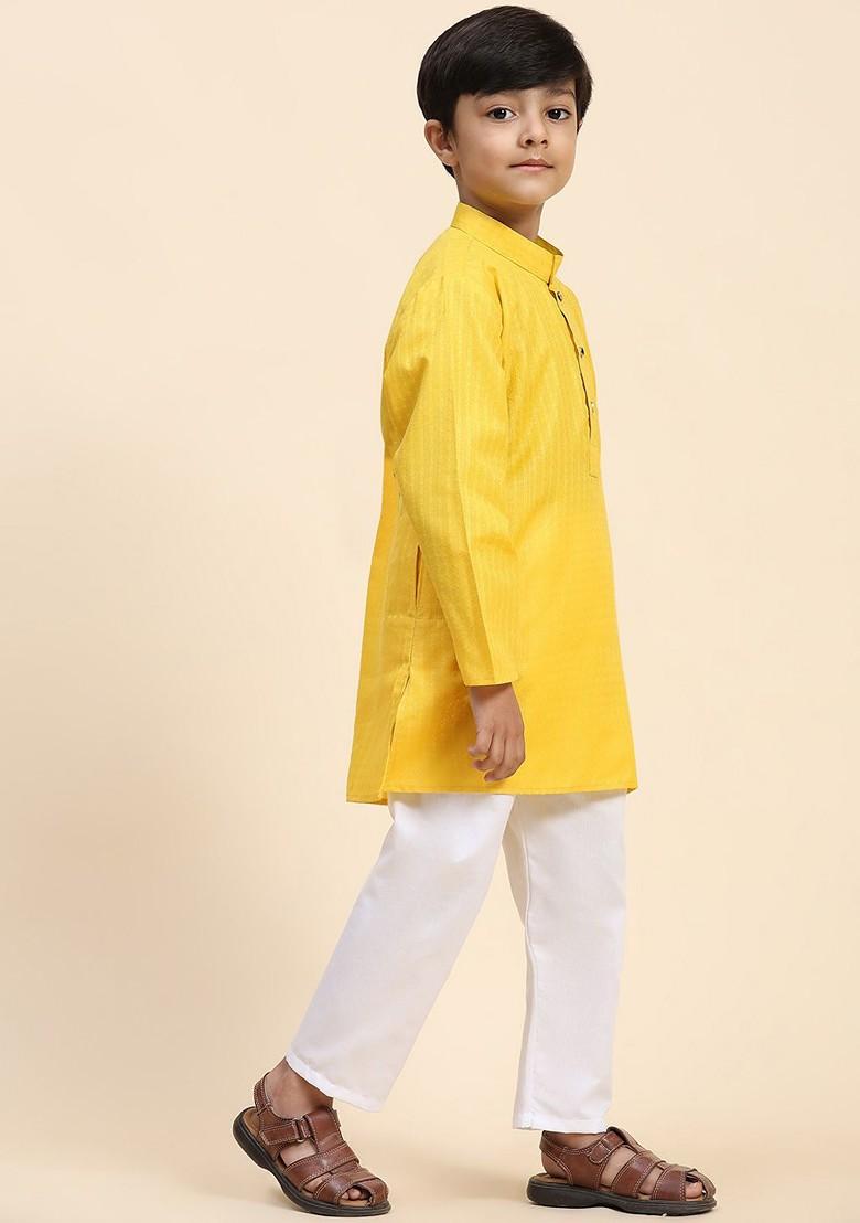 Yellow Woven Design Cotton Kurta Set For Boys - Indya