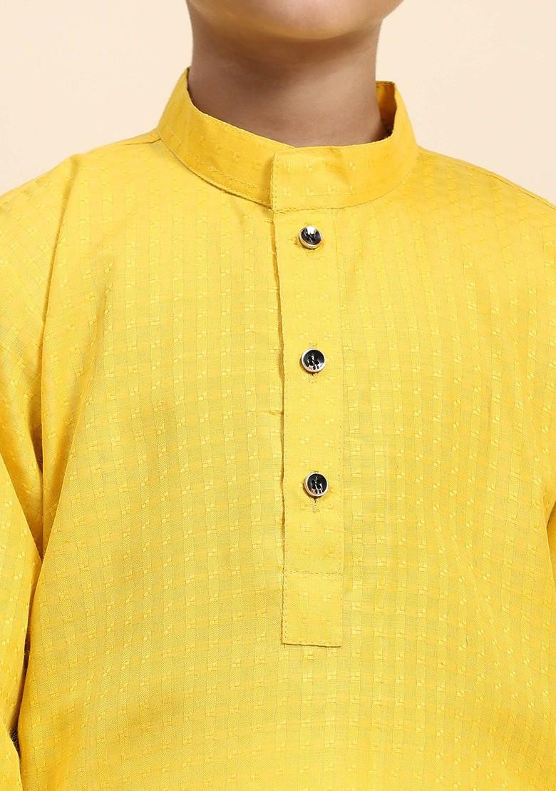 Yellow Woven Design Cotton Kurta Set For Boys - Indya