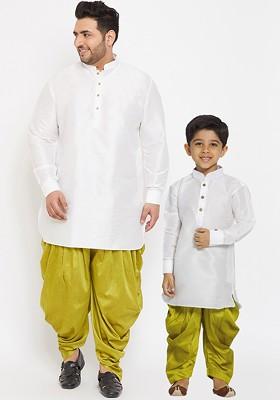 White Embroidered Blended Kurta Dhoti Set For Boys
