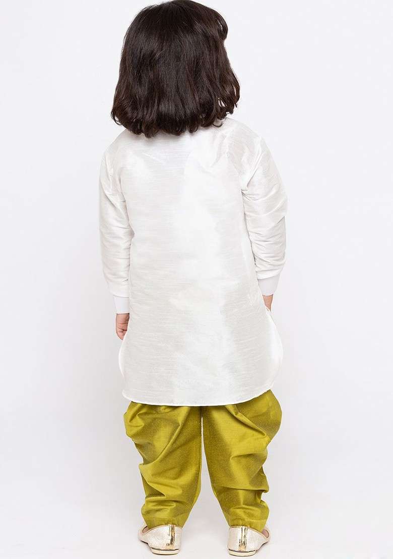 White Embroidered Blended Kurta Dhoti Set For Boys - Indya