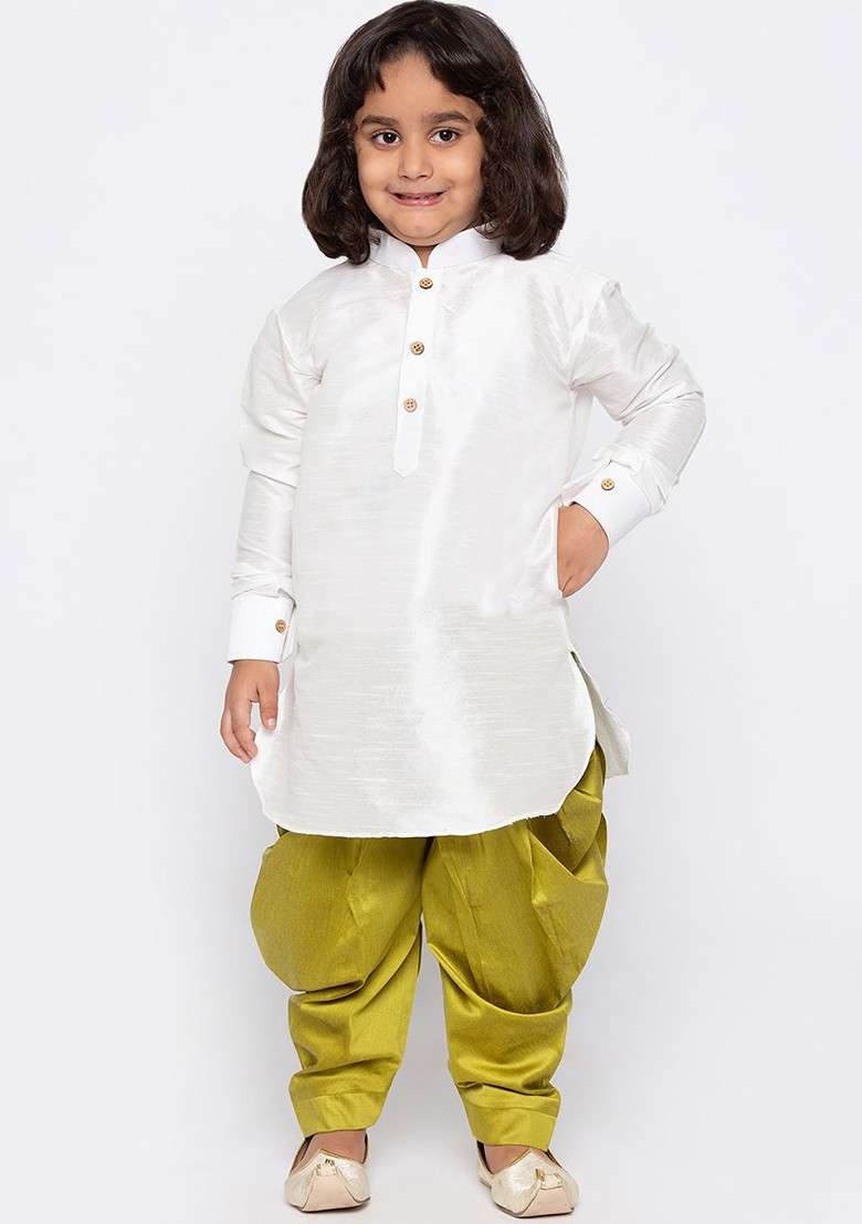 White Embroidered Blended Kurta Dhoti Set For Boys - Indya
