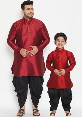 Maroon Embroidered Blended Kurta Dhoti Set For Boys