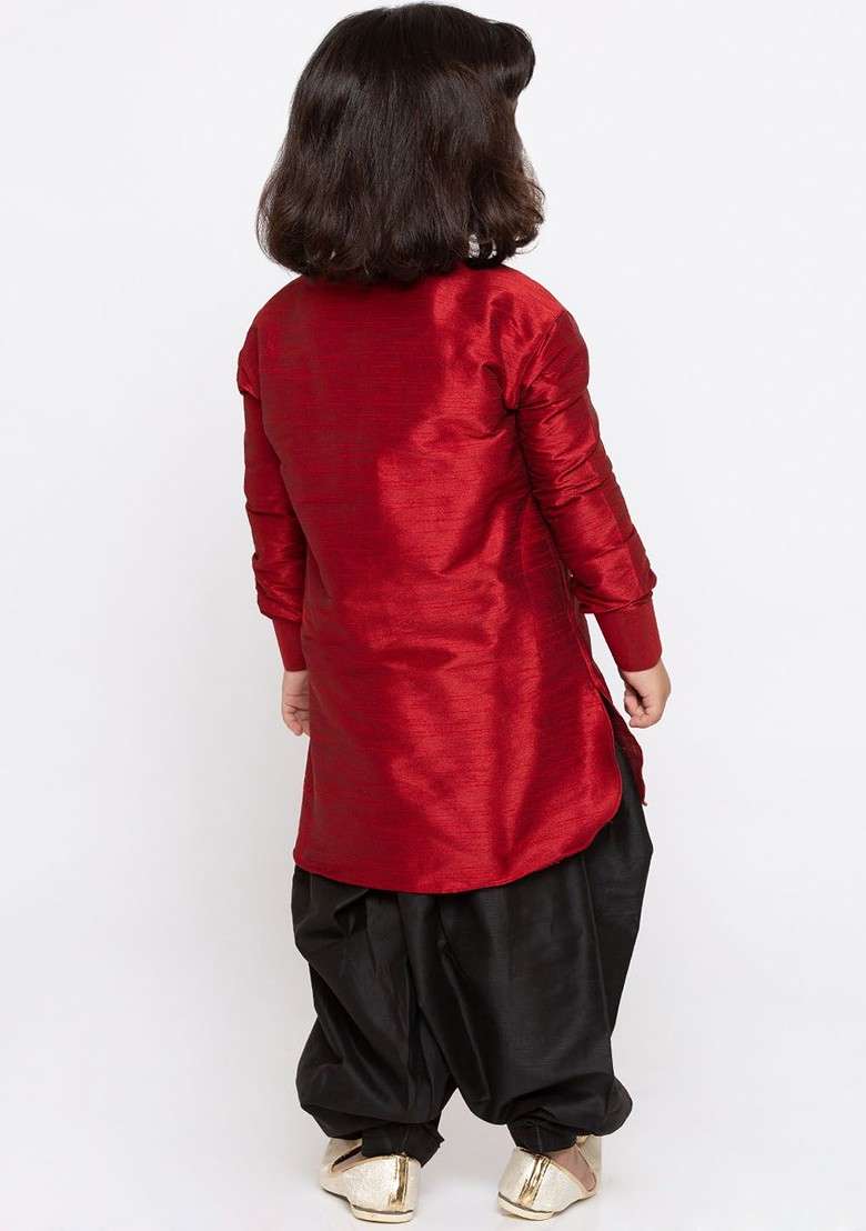Maroon Embroidered Blended Kurta Dhoti Set For Boys - Indya