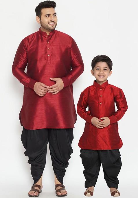 Maroon Embroidered Blended Kurta Dhoti Set For Boys — view on Indya