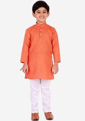Orange Embroidered Blended Kurta Set For Boys