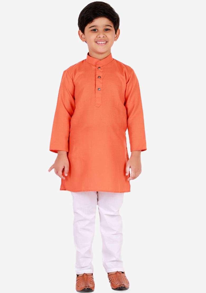 Orange Embroidered Blended Kurta Set For Boys - Indya