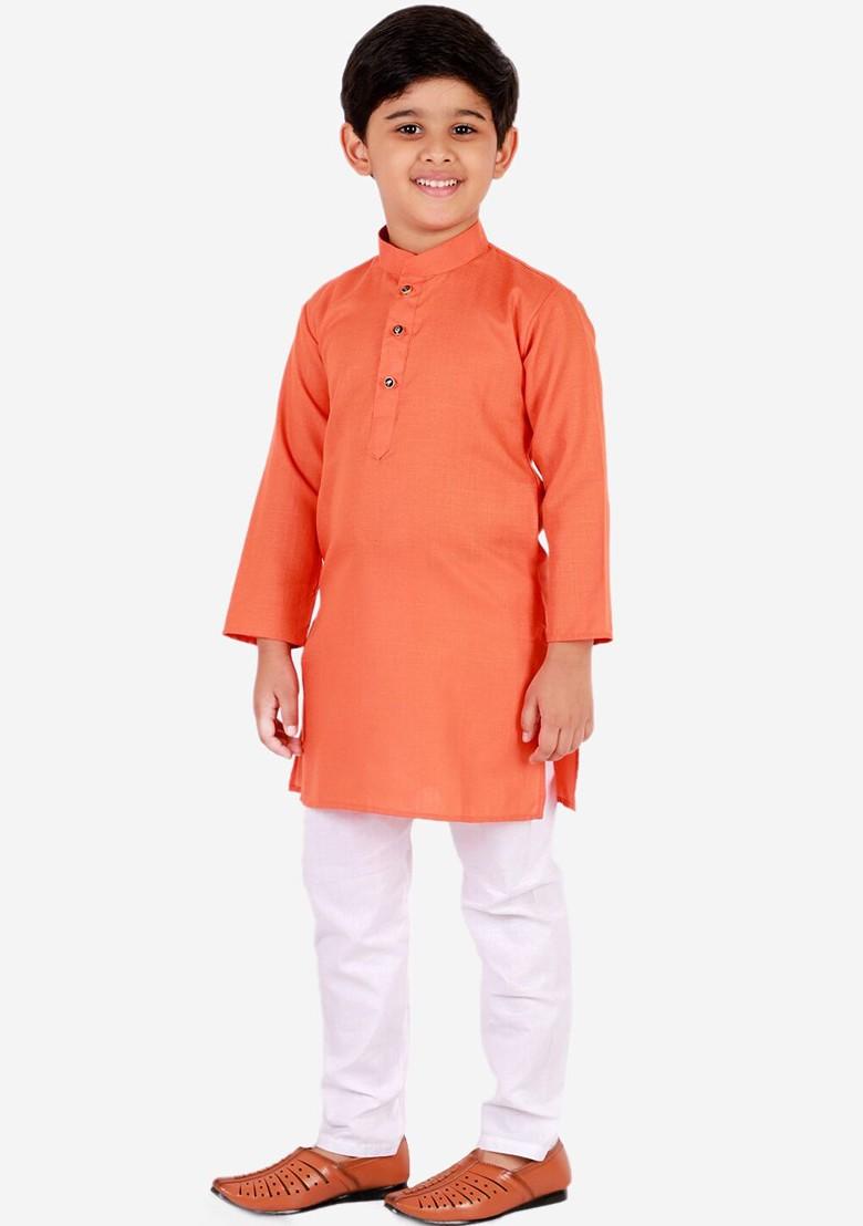 Orange Embroidered Blended Kurta Set For Boys - Indya