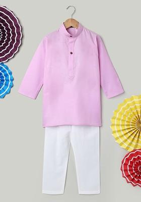 Lavender Embroidered Cotton Kurta Set For Boys