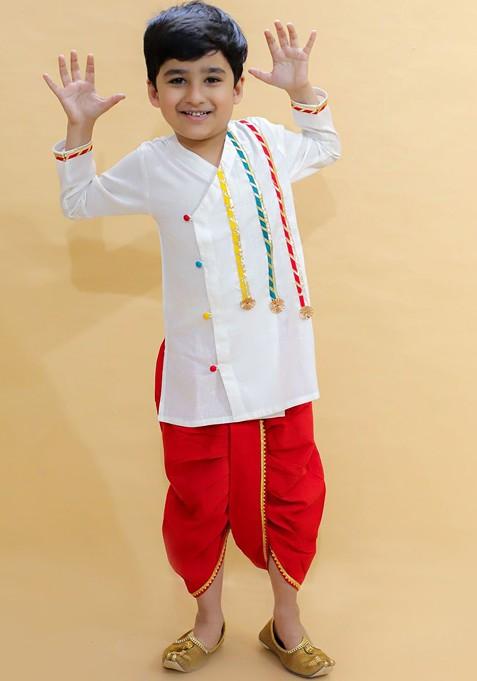 White Embroidered Cotton Kurta Dhoti Set For Boys — view on Indya