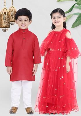 Red Solid Blended Kurta Set For Boys