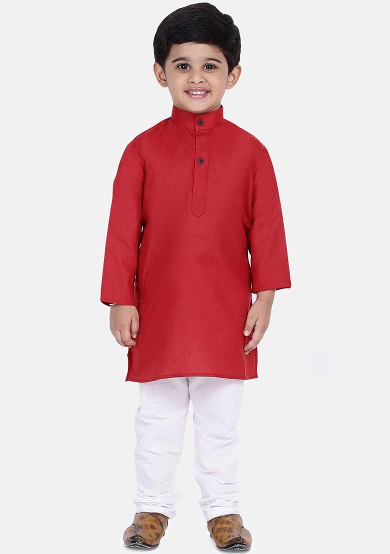 Red Solid Blended Kurta Set For Boys - Indya