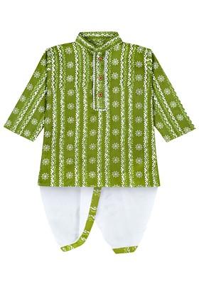 Green Printed Blended Kurta Dhoti Set For Boys