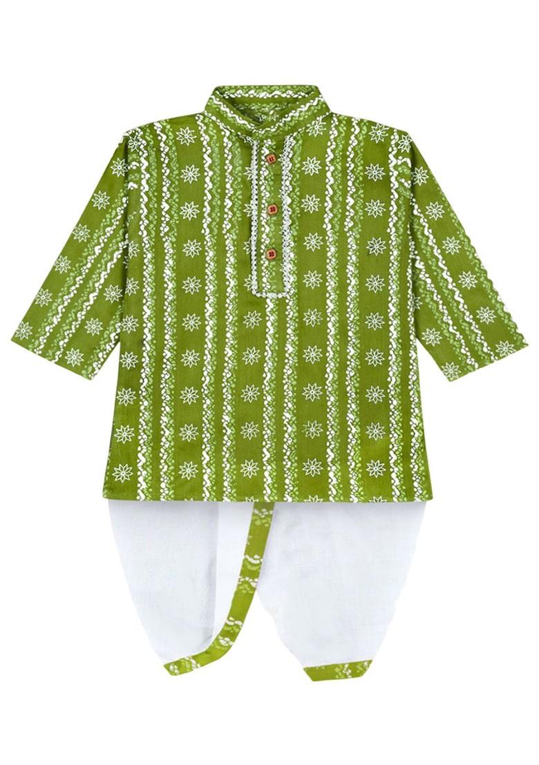 Green Printed Blended Kurta Dhoti Set For Boys - Indya