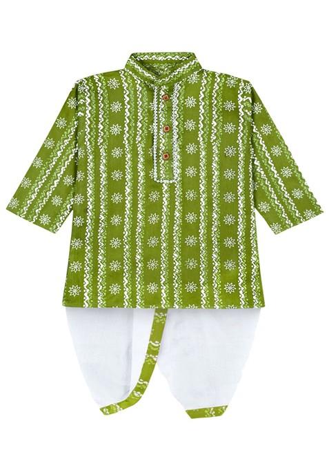 Green Printed Blended Kurta Dhoti Set For Boys — view on Indya