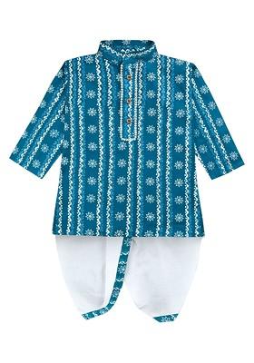 Blue Printed Blended Kurta Dhoti Set For Boys