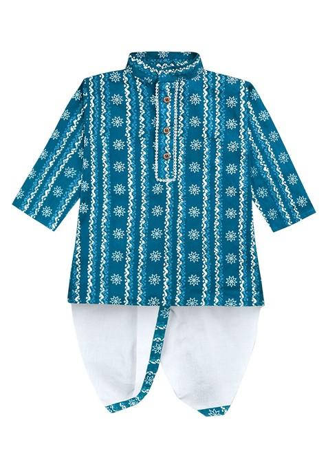 Blue Printed Blended Kurta Dhoti Set For Boys — view on Indya