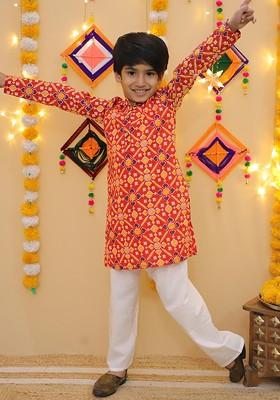 Red Printed Cotton Kurta Set For Boys