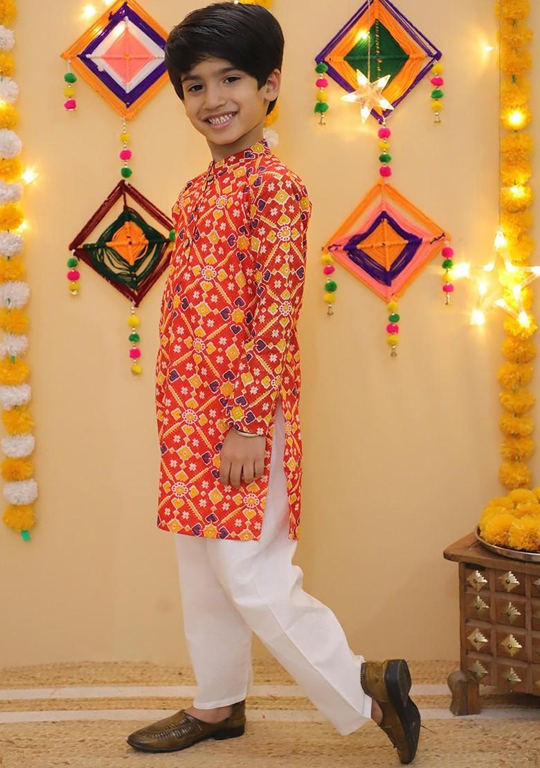 Red Printed Cotton Kurta Set For Boys - Indya