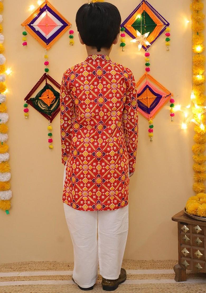 Red Printed Cotton Kurta Set For Boys - Indya