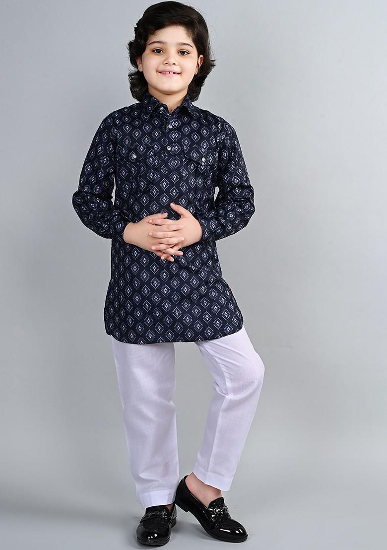 Navy Blue Printed Blended Kurta Set For Boys - Indya