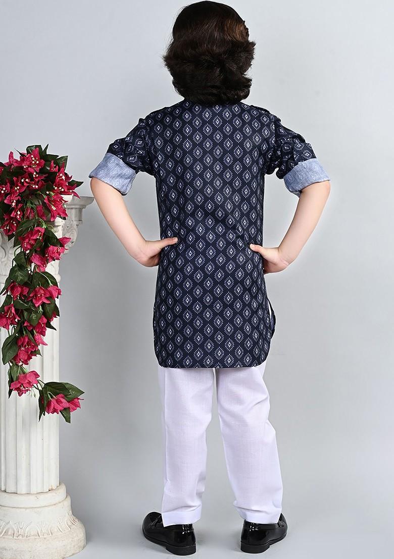 Navy Blue Printed Blended Kurta Set For Boys - Indya