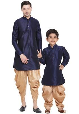 Navy Blue Embroidered Silk Kurta Dhoti Set For Boys
