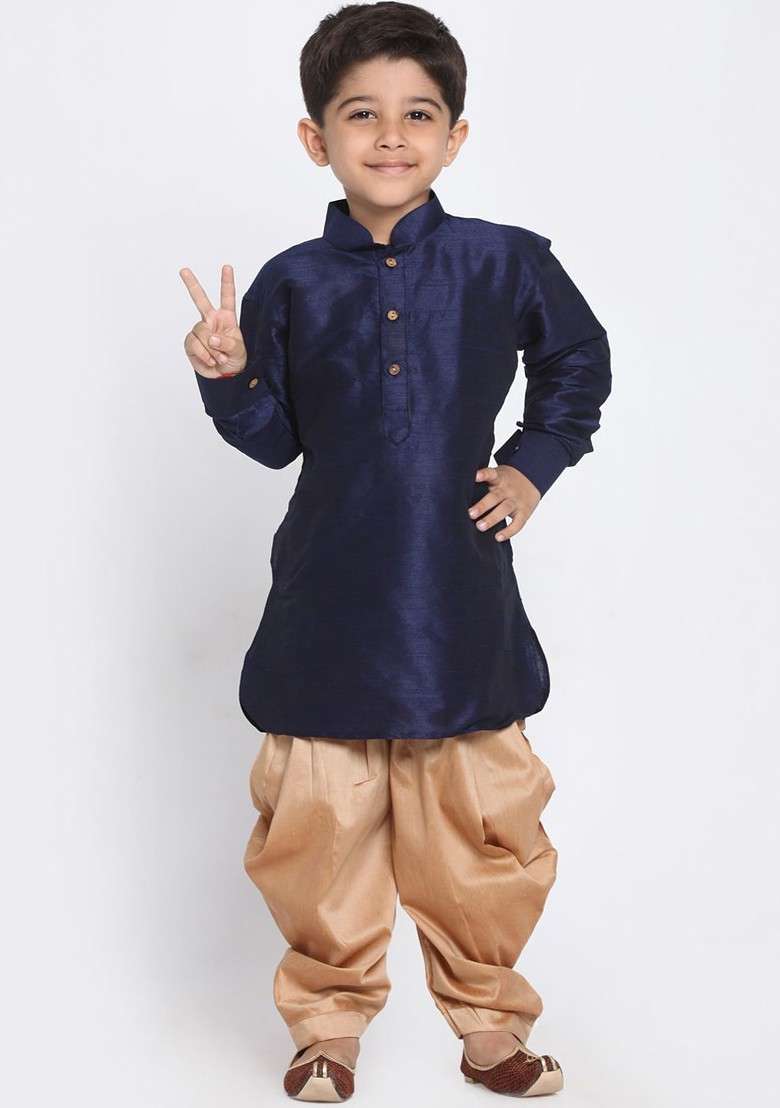 Navy Blue Embroidered Silk Kurta Dhoti Set For Boys - Indya
