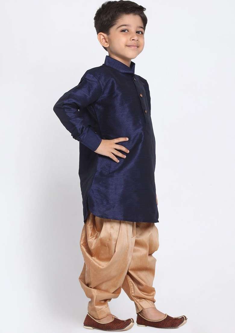 Navy Blue Embroidered Silk Kurta Dhoti Set For Boys - Indya