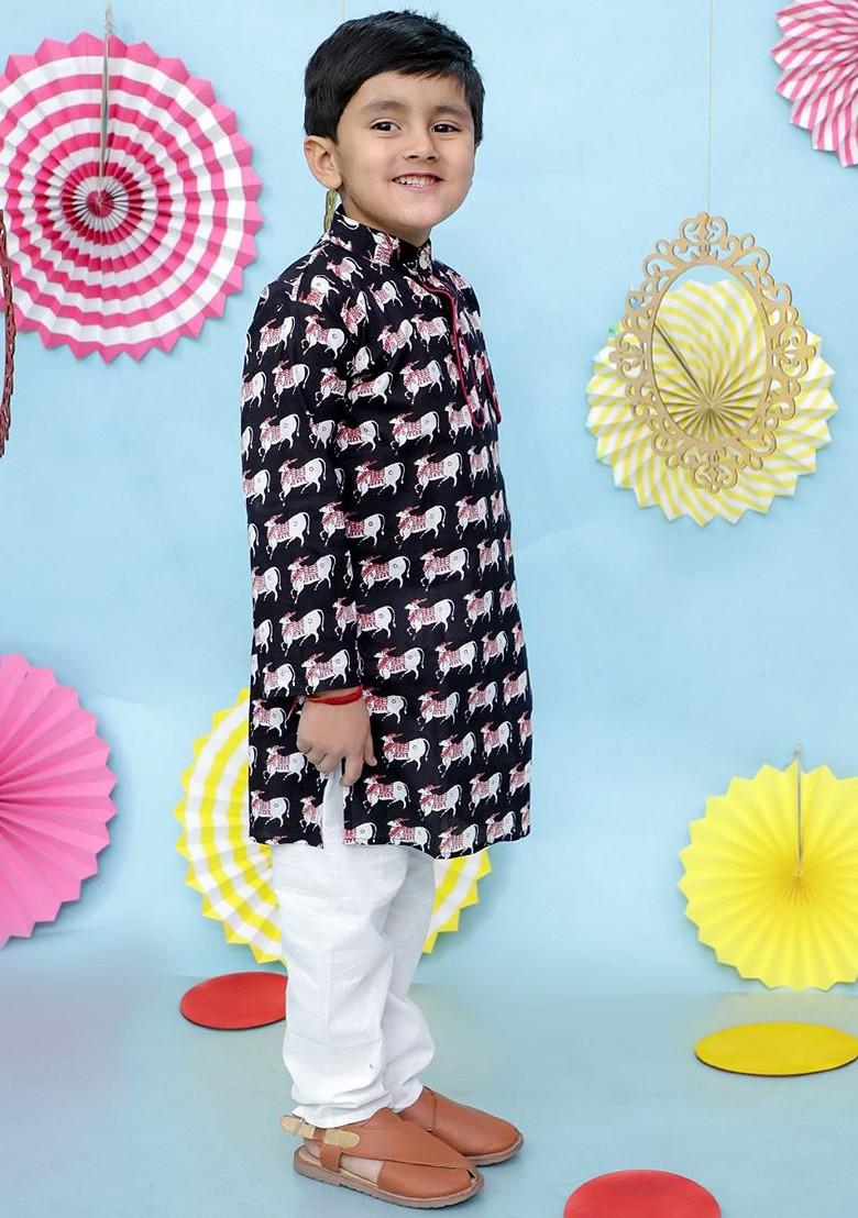 Black Printed Cotton Kurta Set For Boys - Indya