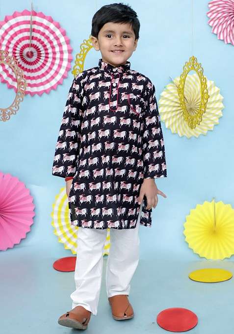 Black Printed Cotton Kurta Set For Boys