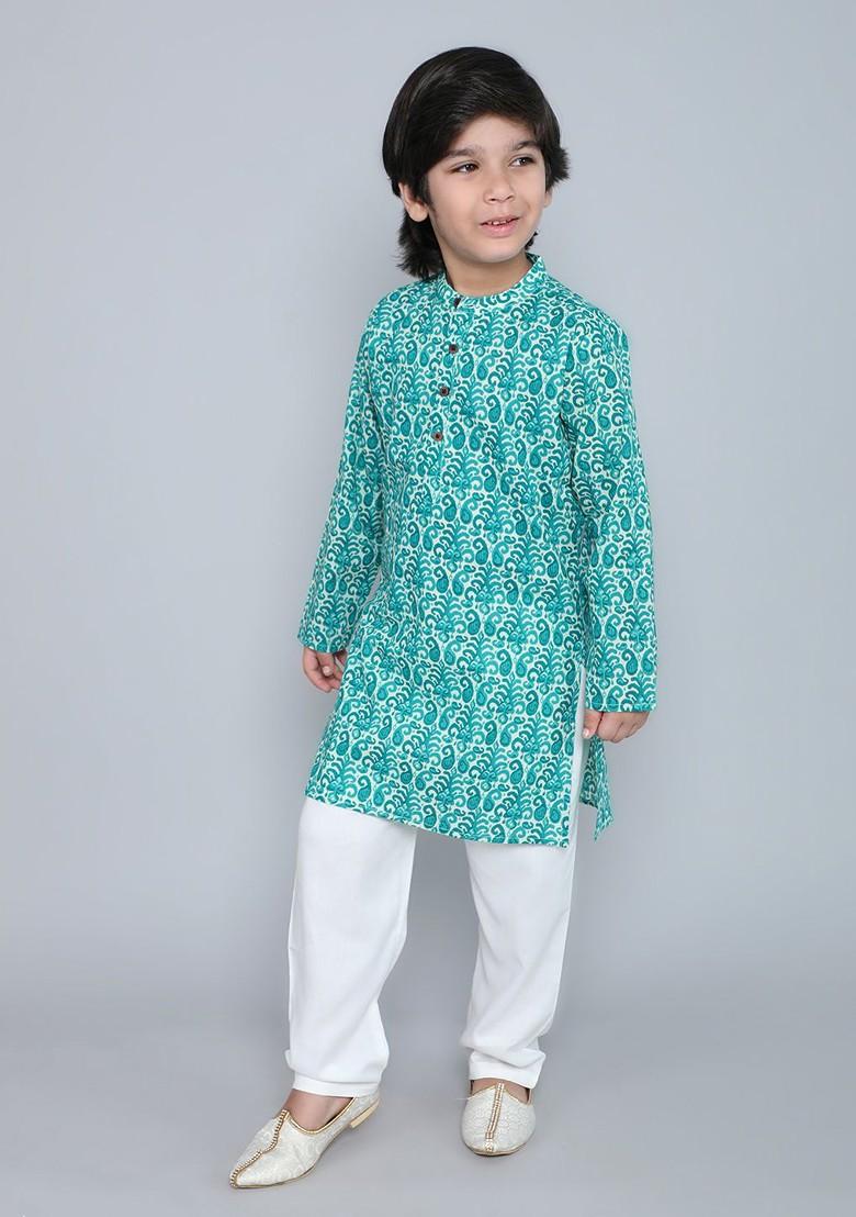 Sea Green Printed Blended Kurta Set For Boys - Indya