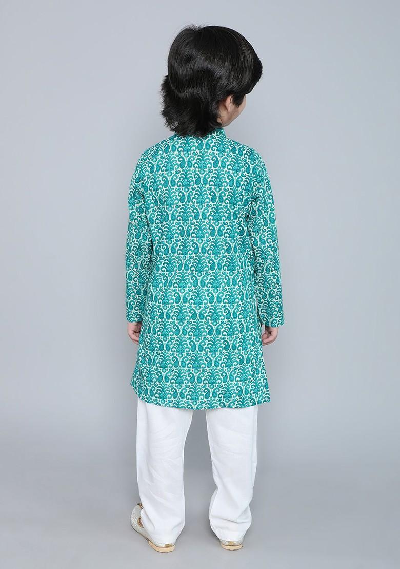 Sea Green Printed Blended Kurta Set For Boys - Indya