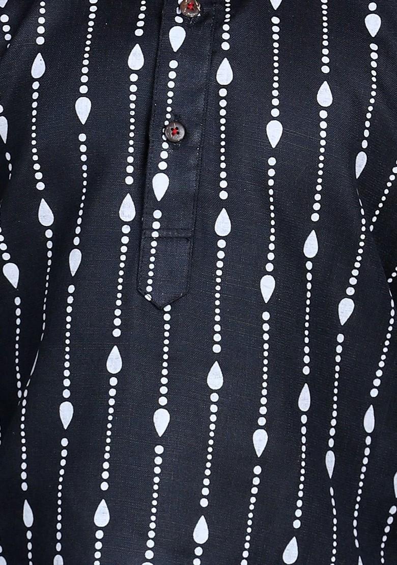 Black Printed Cotton Kurta Set For Boys - Indya