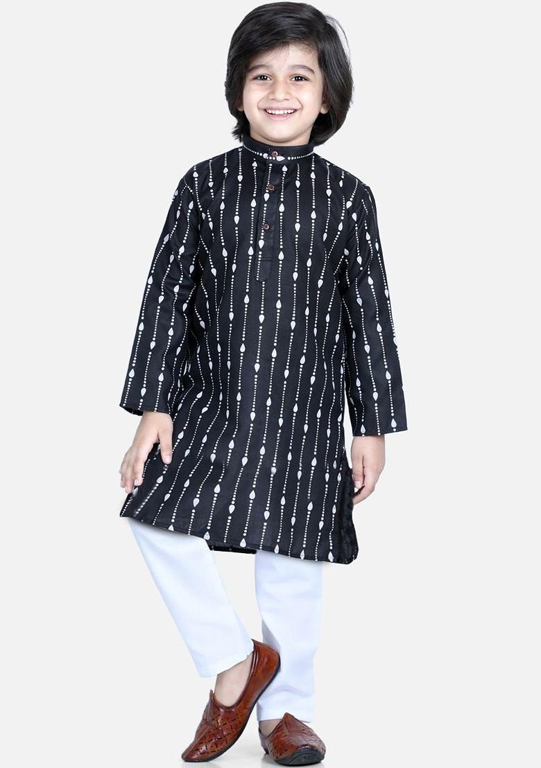 Black Printed Cotton Kurta Set For Boys - Indya