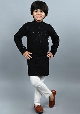 Black Embroidered Blended Kurta Set For Boys
