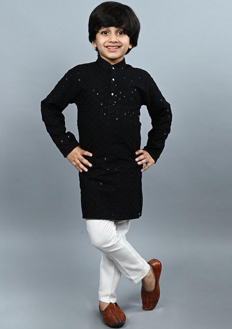 Black Embroidered Blended Kurta Set For Boys - Indya