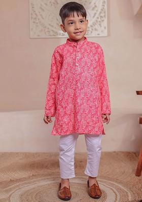 Pink Printed Cotton Kurta Set For Boys