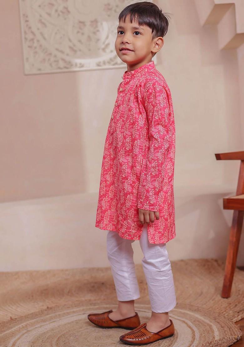 Pink Printed Cotton Kurta Set For Boys - Indya