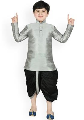 Silver Solid Blended Kurta Dhoti Set For Boys