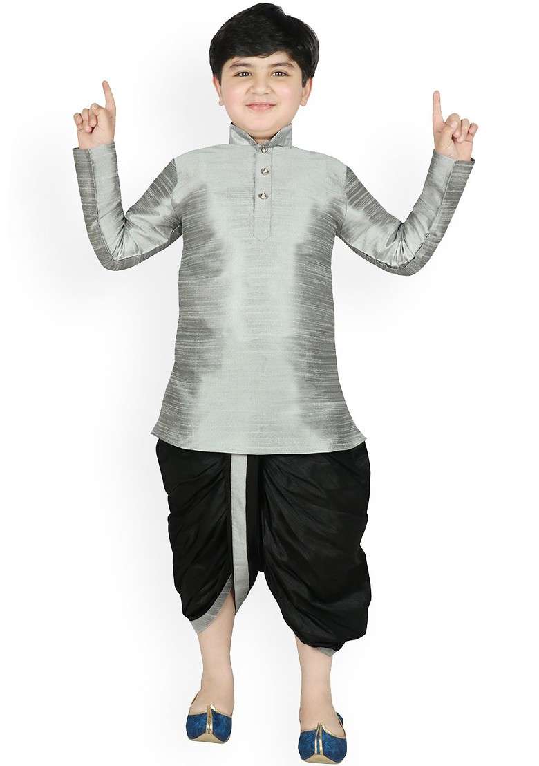 Silver Solid Blended Kurta Dhoti Set For Boys - Indya
