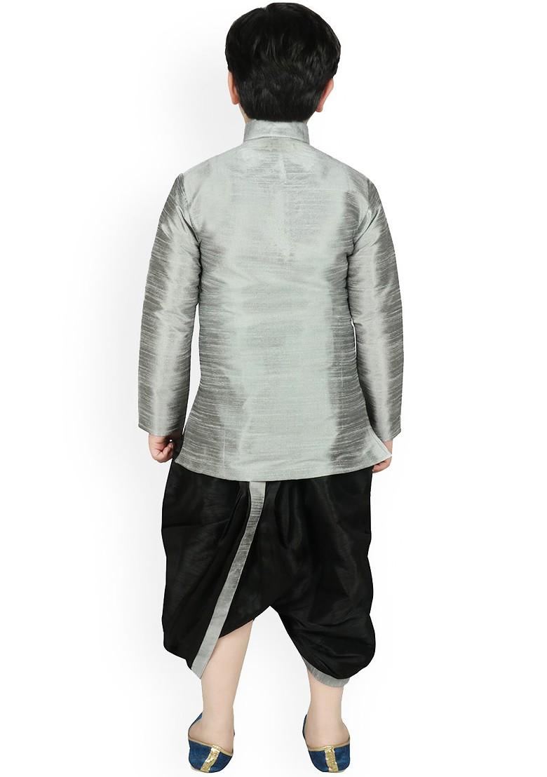 Silver Solid Blended Kurta Dhoti Set For Boys - Indya