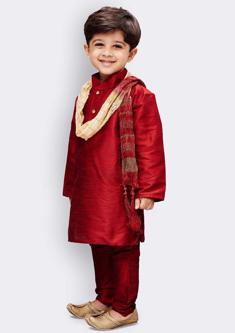 Maroon Embroidered Blended Kurta Set For Boys - Indya