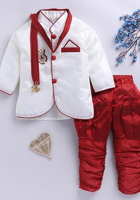 Red Embroidered Blended Kurta Set For Boys