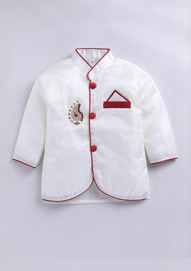 Red Embroidered Blended Kurta Set For Boys - Indya