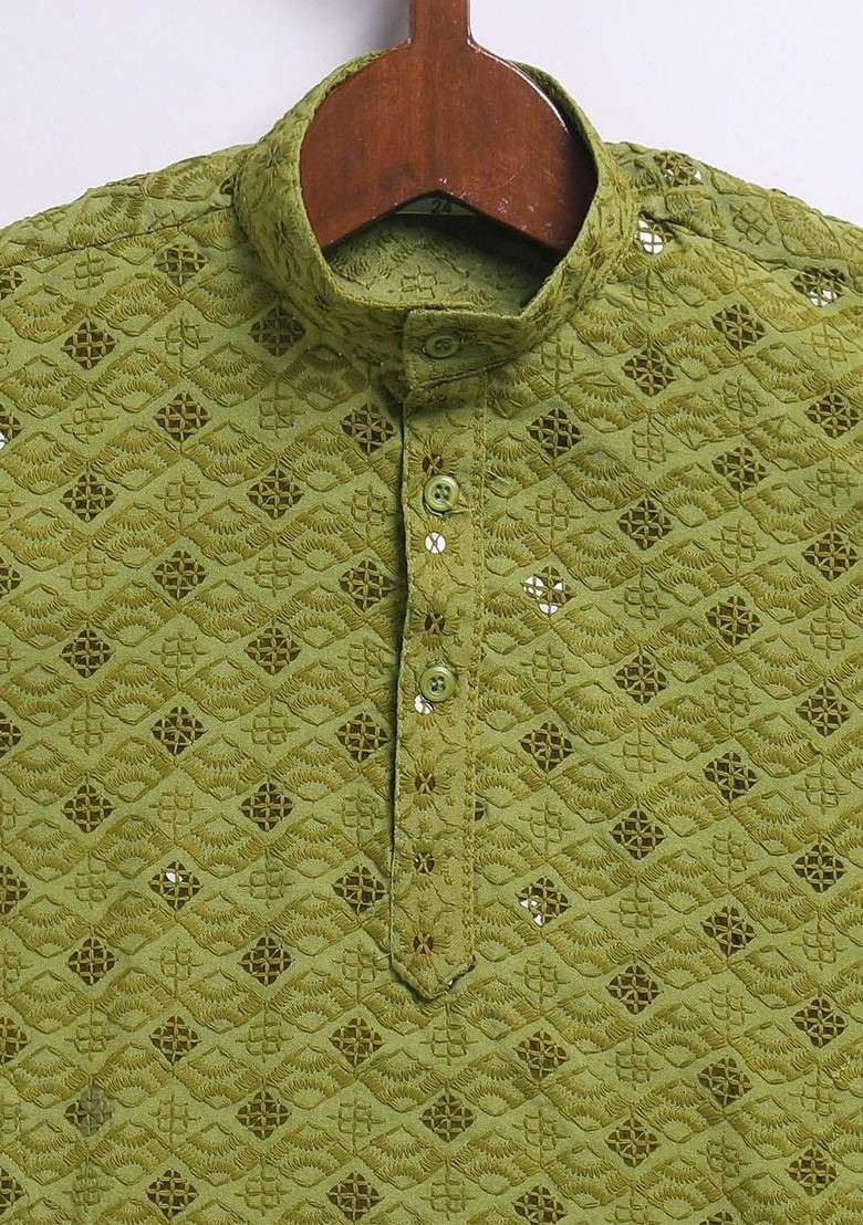 Olive Embroidered Blended Kurta Set For Boys - Indya