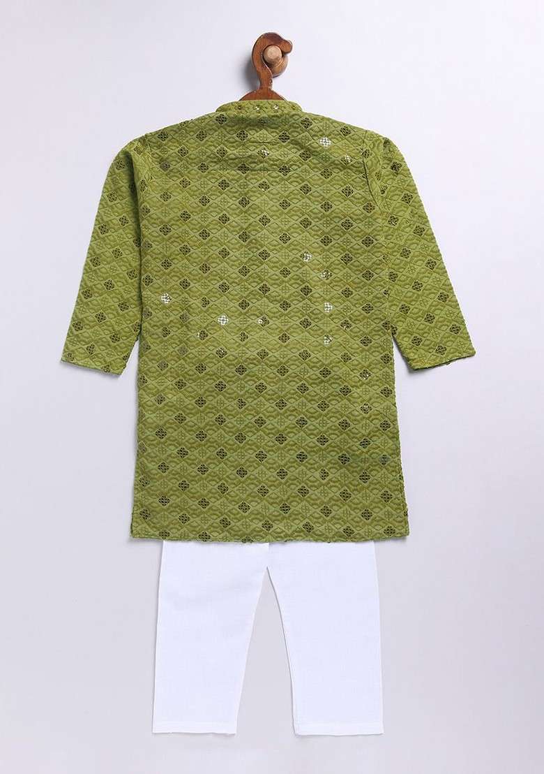 Olive Embroidered Blended Kurta Set For Boys - Indya