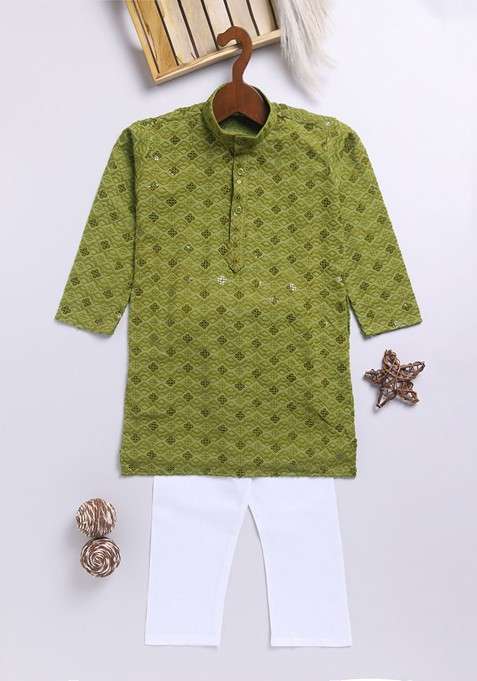 Olive Embroidered Blended Kurta Set For Boys