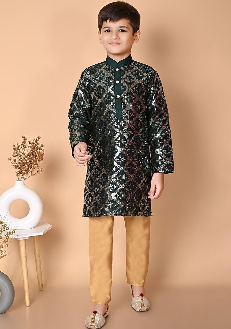 Green Embroidered Silk Kurta Set For Boys - Indya