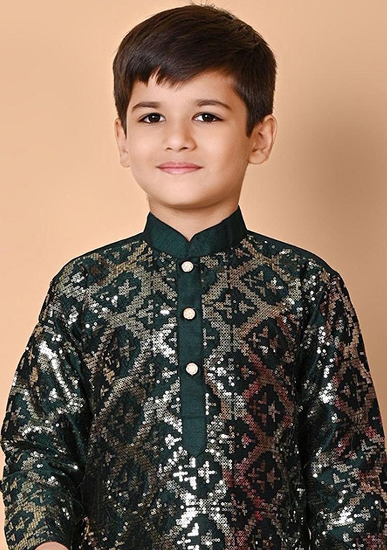 Green Embroidered Silk Kurta Set For Boys - Indya