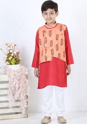 Red Embroidered Cotton Kurta Set For Boys